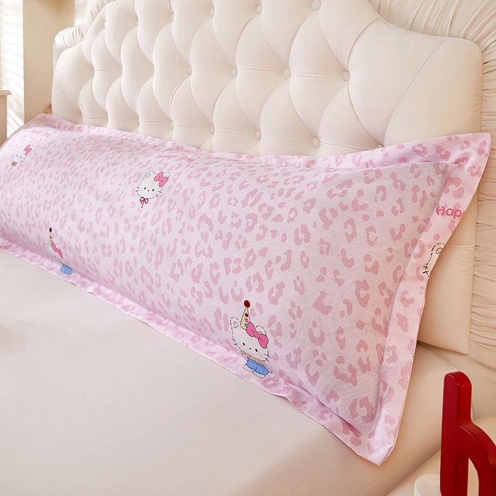 91家纺网 家纺一手货源 找家纺 三盛源 2026新款小清新全棉纯棉双人长枕套靠枕套加长枕芯套单件1.8米学生宿舍 豹纹猫咪-粉