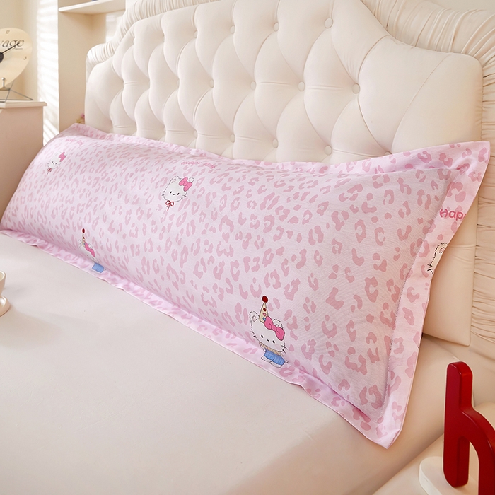 91家纺网 家纺一手货源 找家纺 三盛源 2026新款小清新全棉纯棉双人长枕套靠枕套加长枕芯套单件1.8米学生宿舍 豹纹猫咪-粉