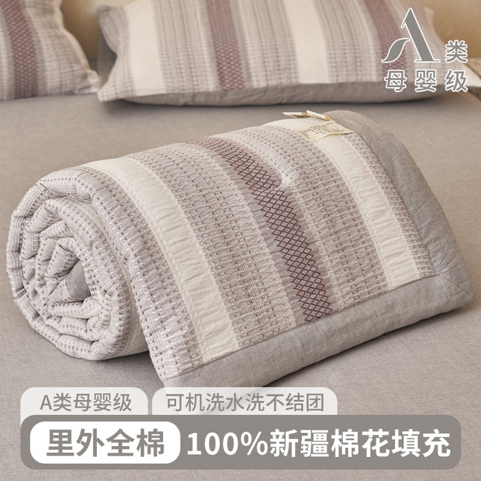 91家纺网 家纺一手货源 找家纺 简如 2026新款里外全棉色织提花夏凉被夏被空调被四件套素条系列 素条-灰