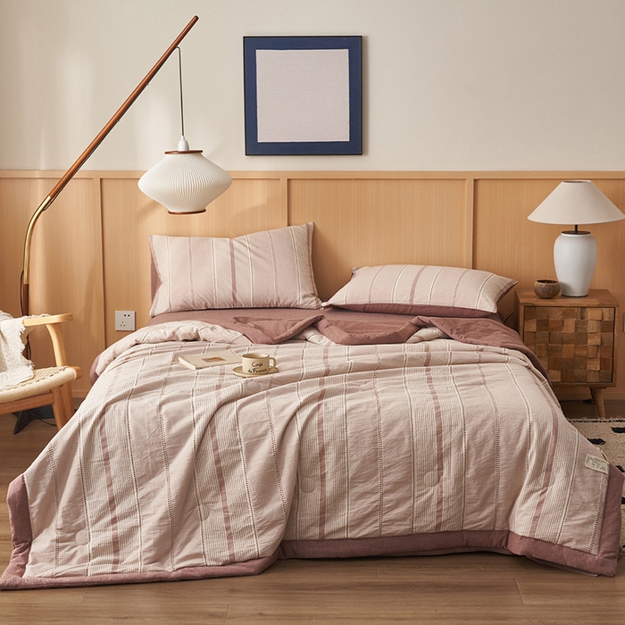 91家纺网 家纺一手货源 找家纺 简如 2026新款里外纯棉色织提花棉花夏被空调被夏凉被四件套瑞拉系列 瑞拉-豆沙