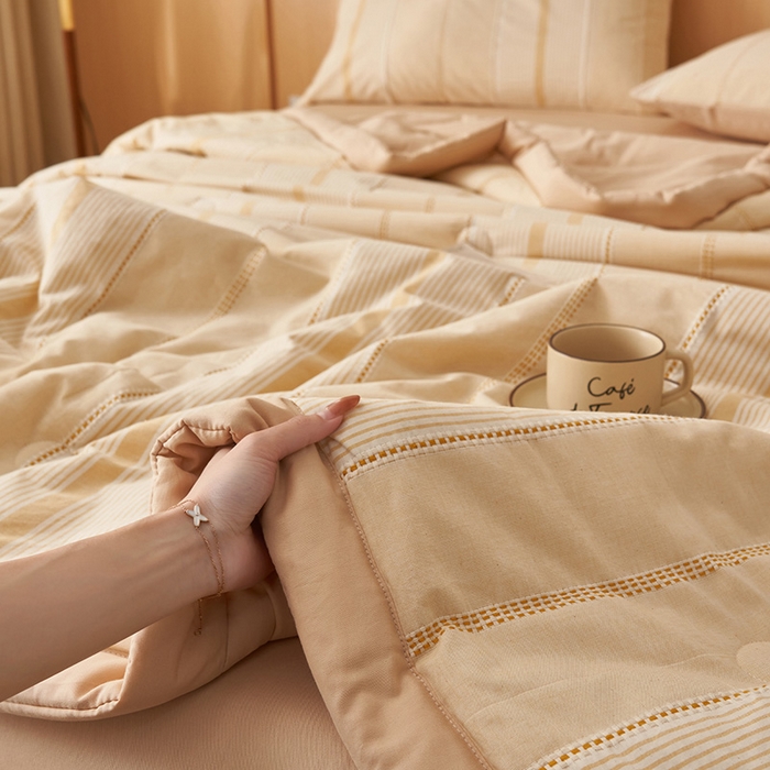 91家纺网 家纺一手货源 找家纺 简如 2026新款里外纯棉色织提花棉花夏被空调被夏凉被四件套瑞拉系列 瑞拉-米黄