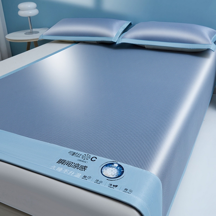 91家纺网 家纺一手货源 找家纺 义博家纺 2026新款碳光提花冰丝席床席款床单款 千鸟格 冰蓝