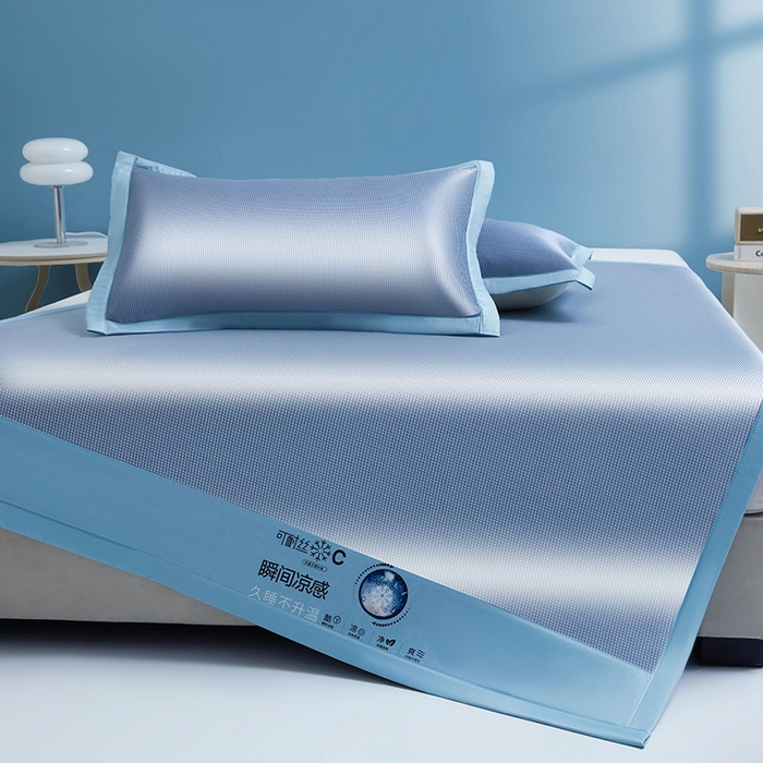 91家纺网 家纺一手货源 找家纺 义博家纺 2026新款碳光提花冰丝席床席款床单款 千鸟格 冰蓝