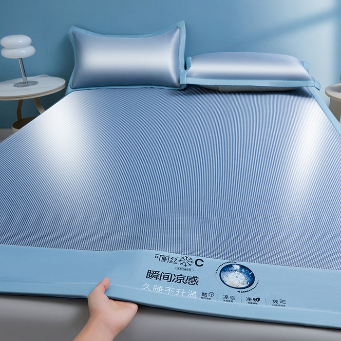 91家纺网 家纺一手货源 找家纺 义博家纺 2026新款碳光提花冰丝席床席款床单款 千鸟格 冰蓝