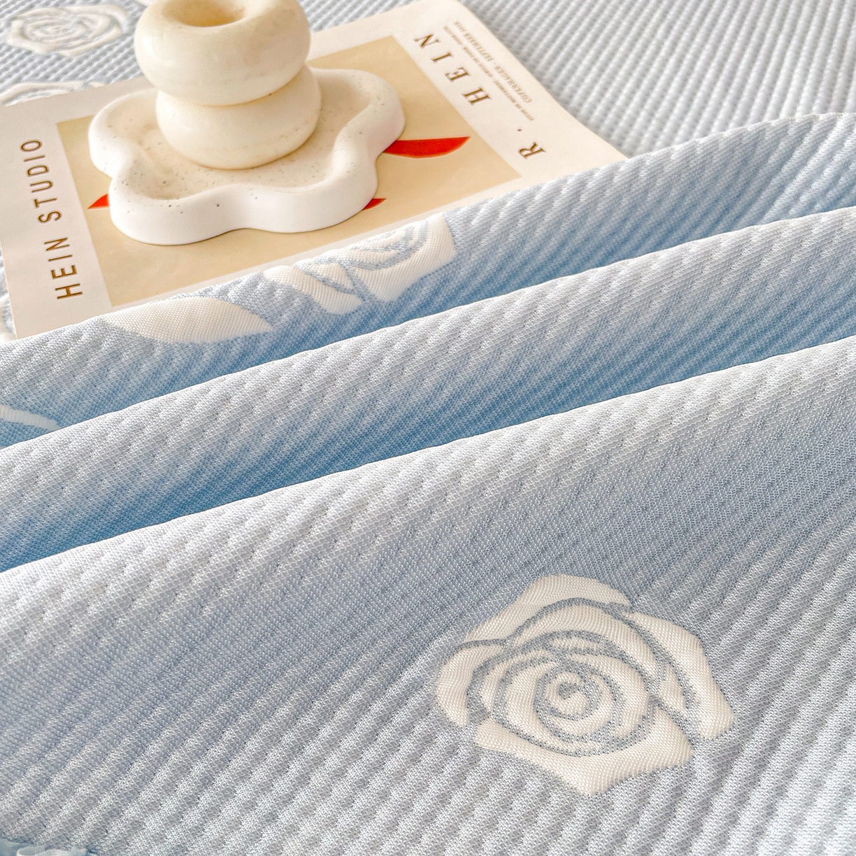 91家纺网 家纺一手货源 找家纺 莱凯家纺 2026新款550gPE提花床裙款凉席席子 冰蓝奶芙玫瑰