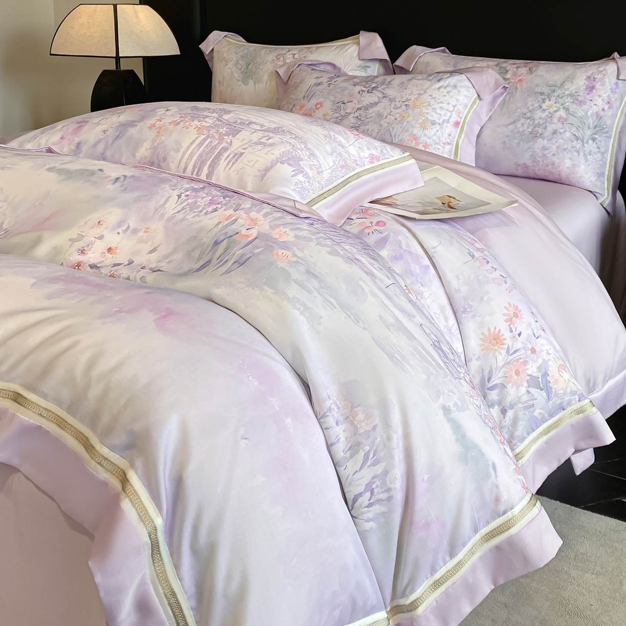 91家纺网 家纺一手货源 找家纺 博纳家纺 2026新款林间鹿语系列天丝四件套 春野序-浅紫