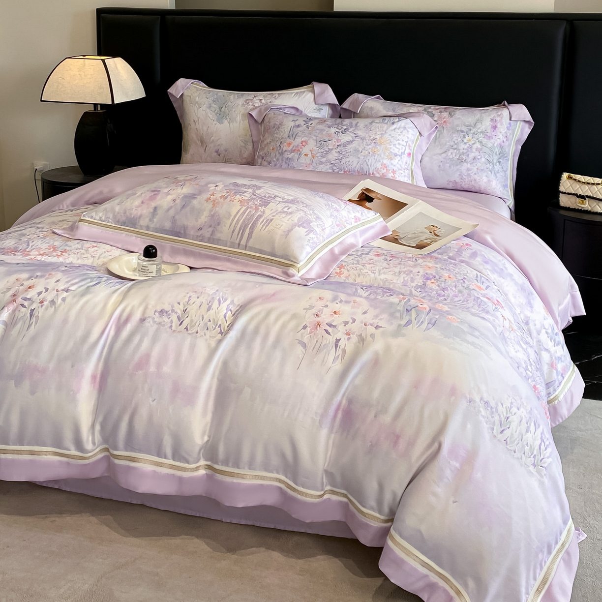 91家纺网 家纺一手货源 找家纺 博纳家纺 2026新款林间鹿语系列天丝四件套 春野序-浅紫