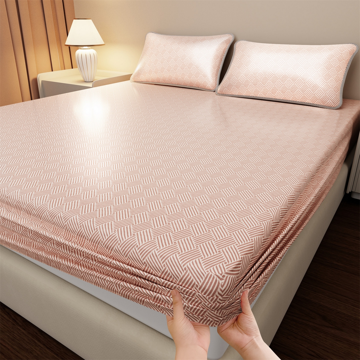 91家纺网 家纺一手货源 找家纺 （总）义博家纺 2026新款碳光冰丝席饼干花床笠款,饼干花  粉色,饼干花  灰色,饼干花  咖色,饼干花  蓝色