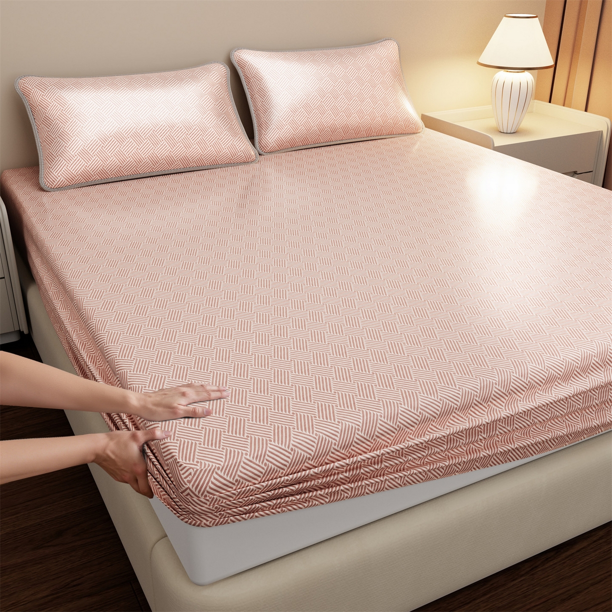 91家纺网 家纺一手货源 找家纺 （总）义博家纺 2026新款碳光冰丝席饼干花床笠款