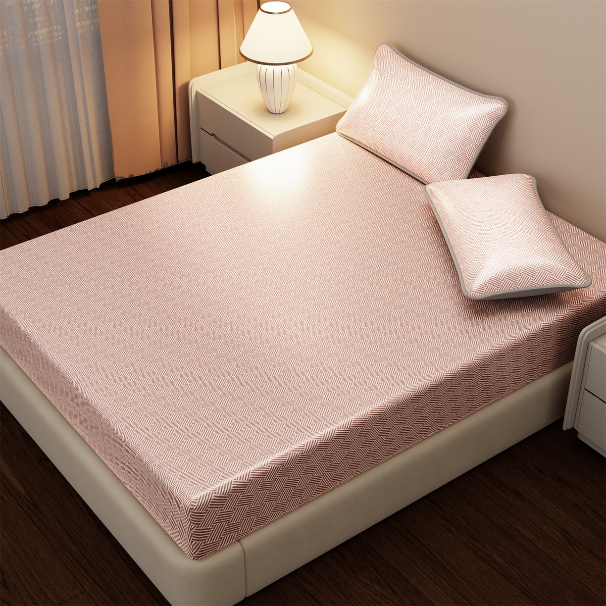 91家纺网 家纺一手货源 找家纺 （总）义博家纺 2026新款碳光冰丝席饼干花床笠款