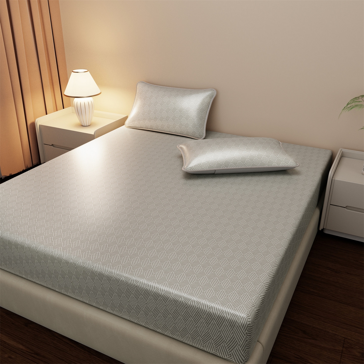 91家纺网 家纺一手货源 找家纺 义博家纺 2026新款碳光冰丝席饼干花床笠款 饼干花  灰色