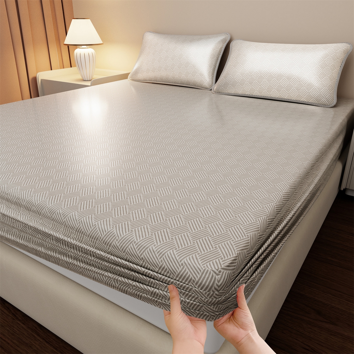 义博家纺 2026新款碳光冰丝席饼干花床笠款 饼干花  灰色