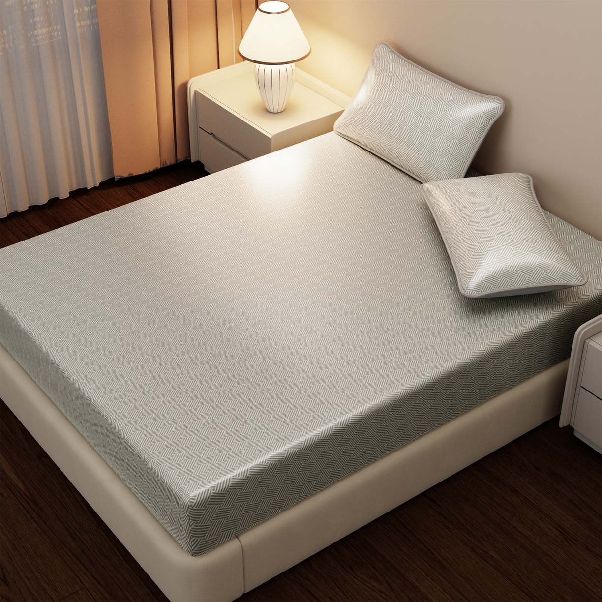 91家纺网 家纺一手货源 找家纺 义博家纺 2026新款碳光冰丝席饼干花床笠款 饼干花  灰色