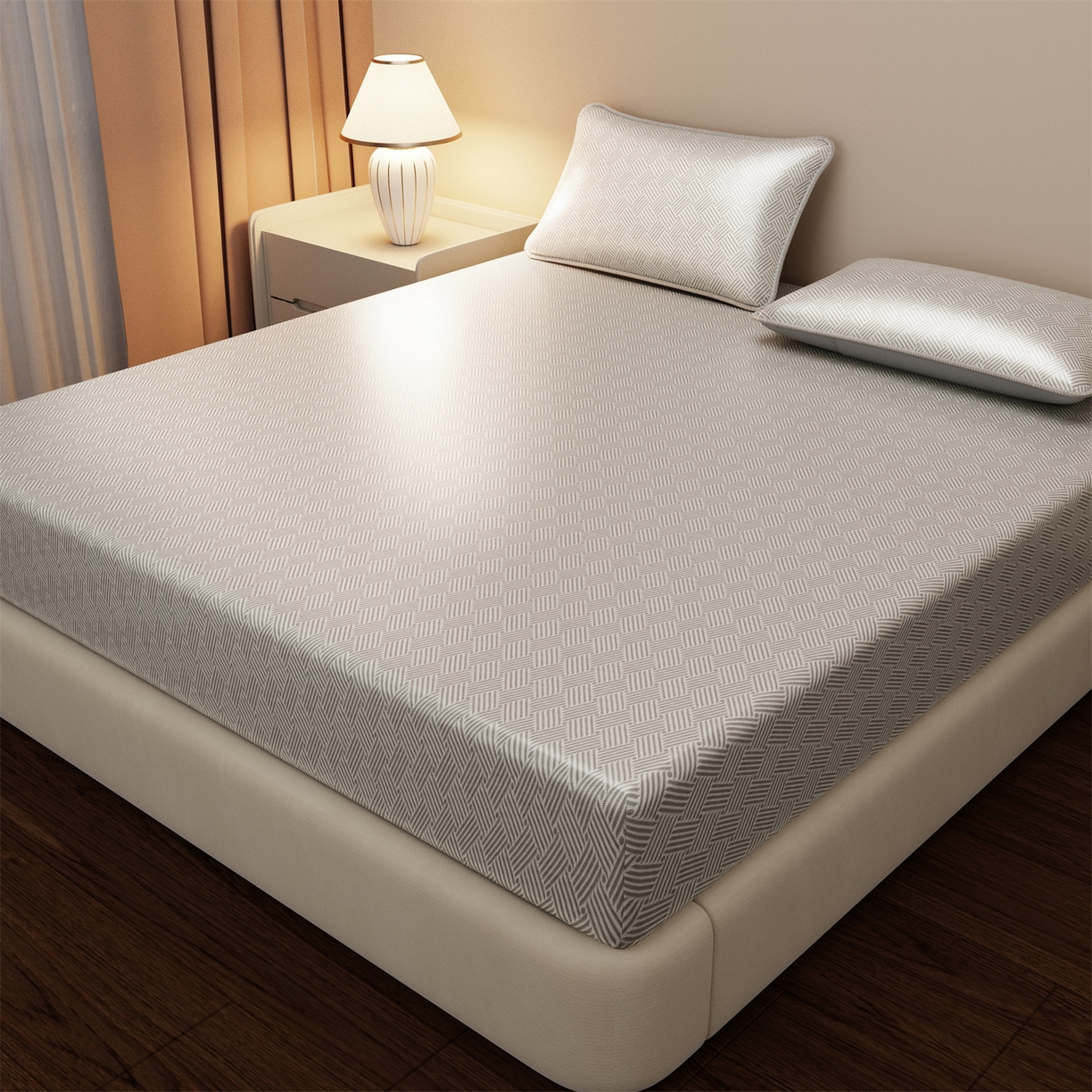 91家纺网 家纺一手货源 找家纺 义博家纺 2026新款碳光冰丝席饼干花床笠款 饼干花  灰色