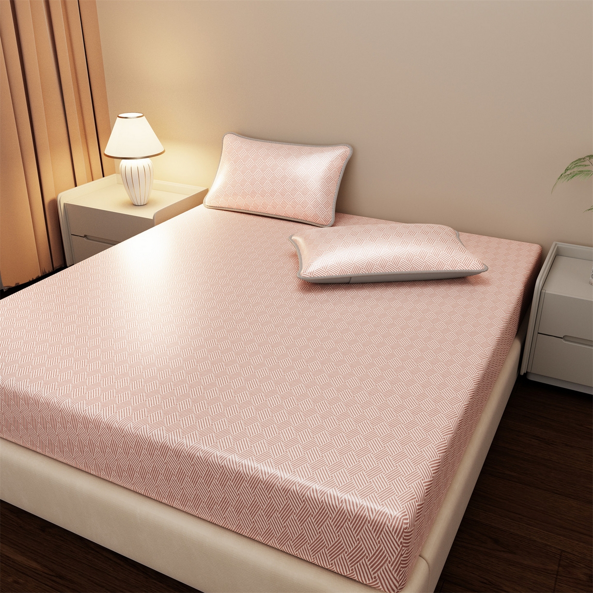 91家纺网 家纺一手货源 找家纺 义博家纺 2026新款碳光冰丝席饼干花床笠款 饼干花  粉色