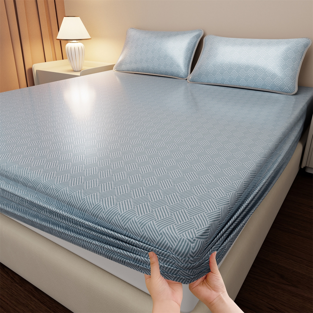 义博家纺 2026新款碳光冰丝席饼干花床笠款 饼干花  蓝色