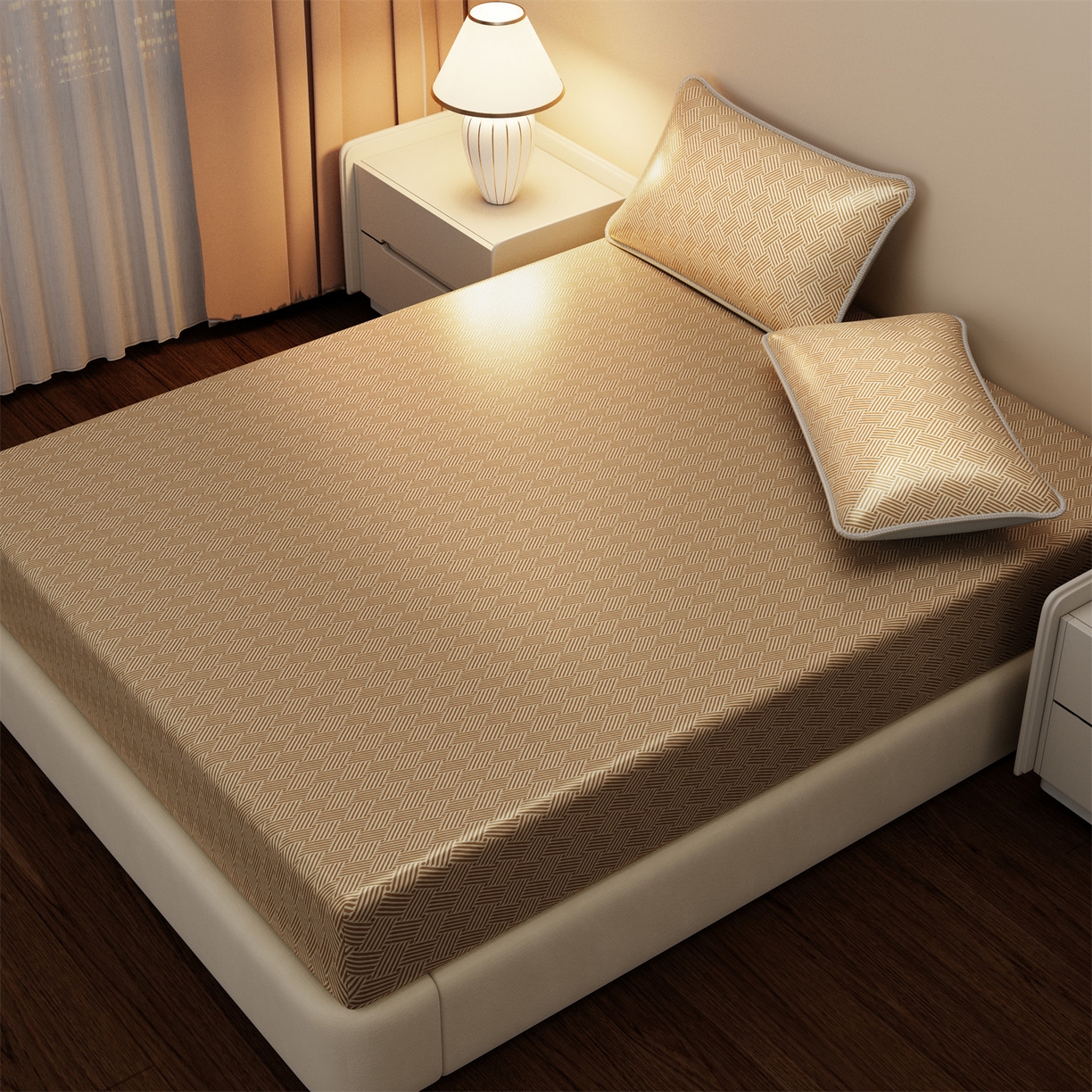 91家纺网 家纺一手货源 找家纺 义博家纺 2026新款碳光冰丝席饼干花床笠款 饼干花  咖色