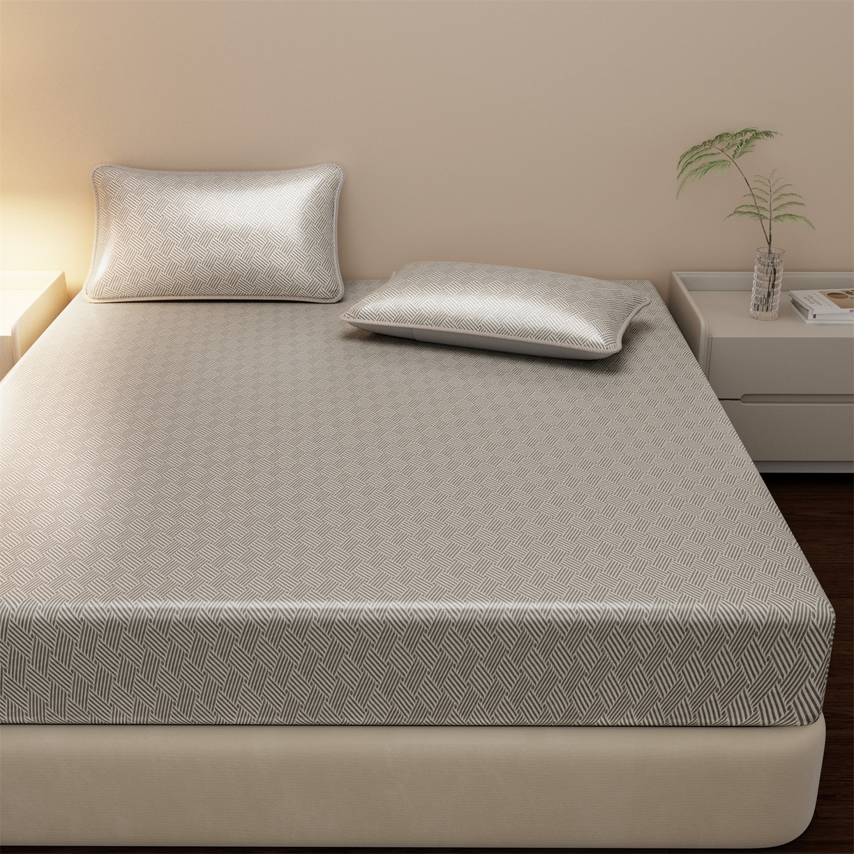 91家纺网 家纺一手货源 找家纺 义博家纺 2026新款碳光冰丝席饼干花床笠款 饼干花  灰色