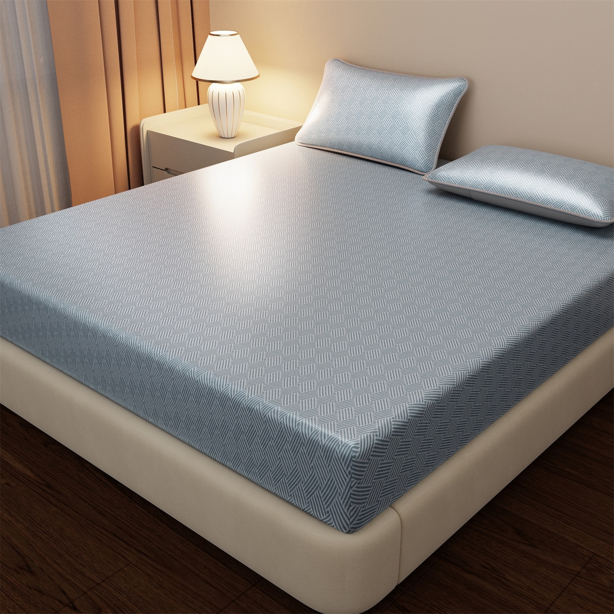 91家纺网 家纺一手货源 找家纺 义博家纺 2026新款碳光冰丝席饼干花床笠款 饼干花  蓝色