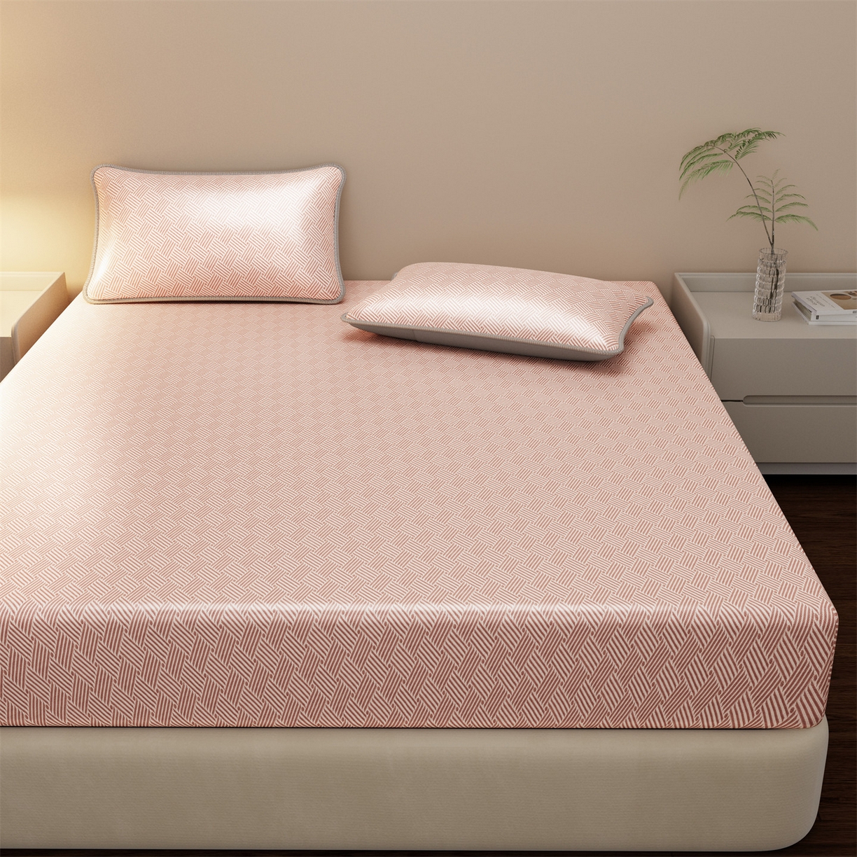 91家纺网 家纺一手货源 找家纺 义博家纺 2026新款碳光冰丝席饼干花床笠款 饼干花  粉色