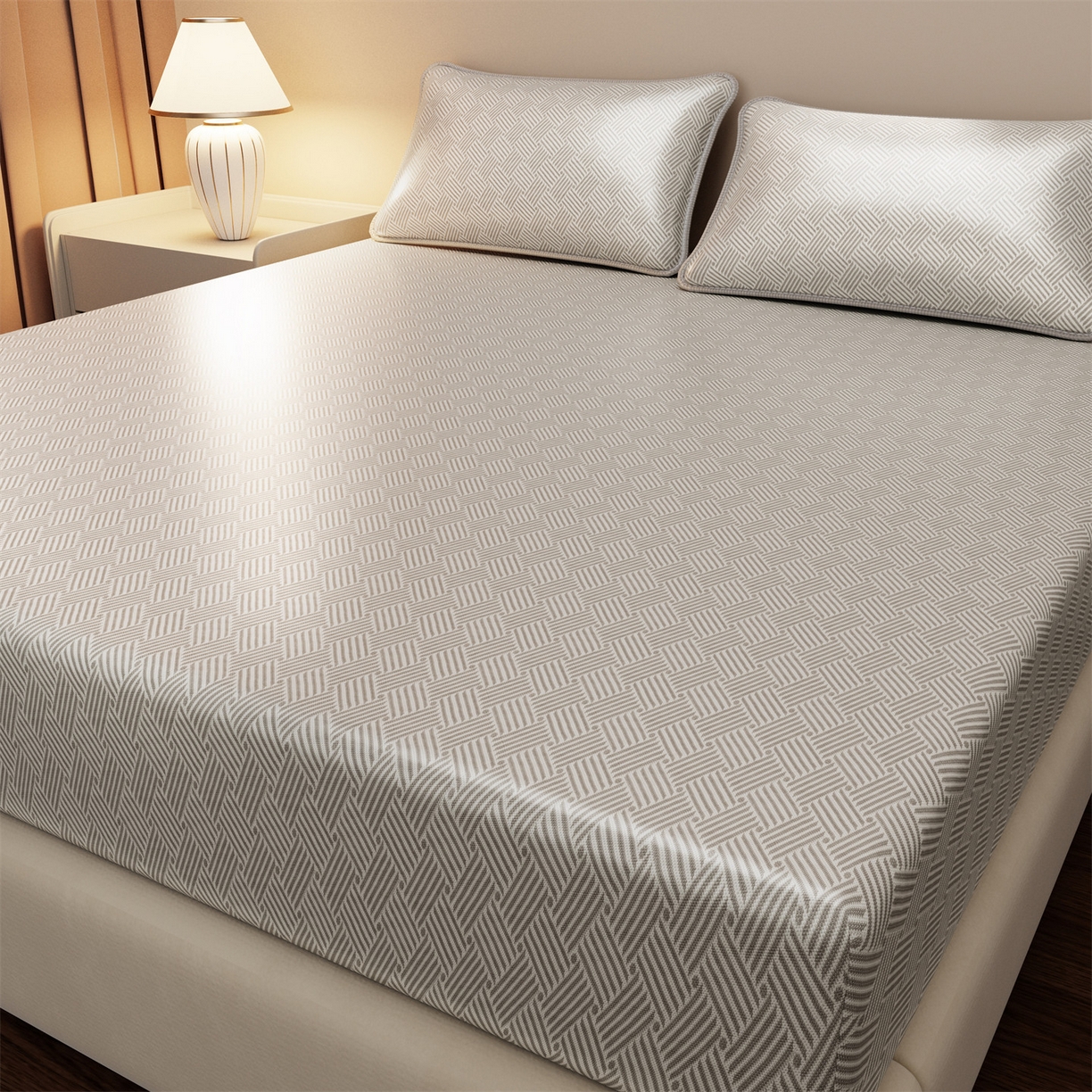 91家纺网 家纺一手货源 找家纺 义博家纺 2026新款碳光冰丝席饼干花床笠款 饼干花  灰色