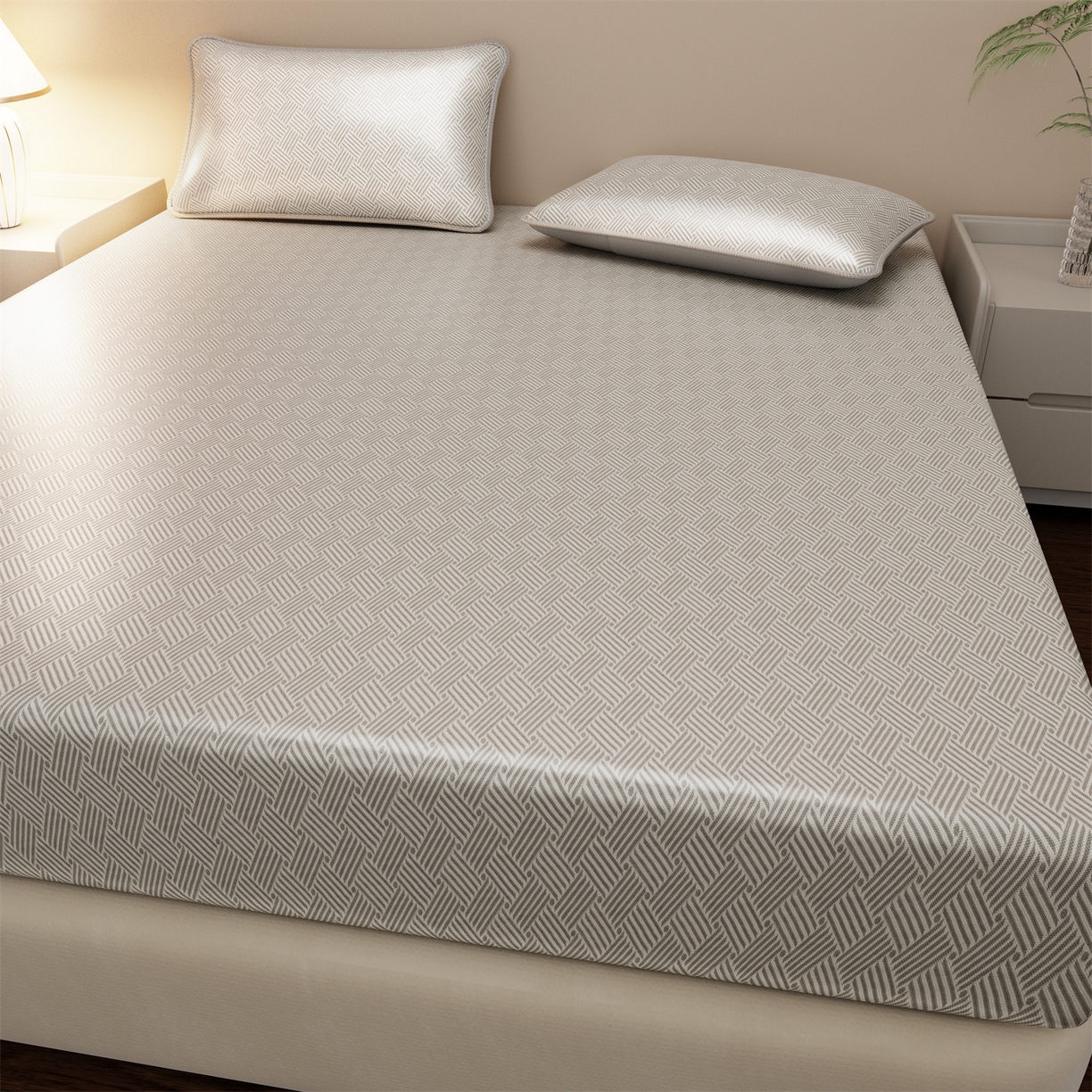 91家纺网 家纺一手货源 找家纺 义博家纺 2026新款碳光冰丝席饼干花床笠款 饼干花  灰色