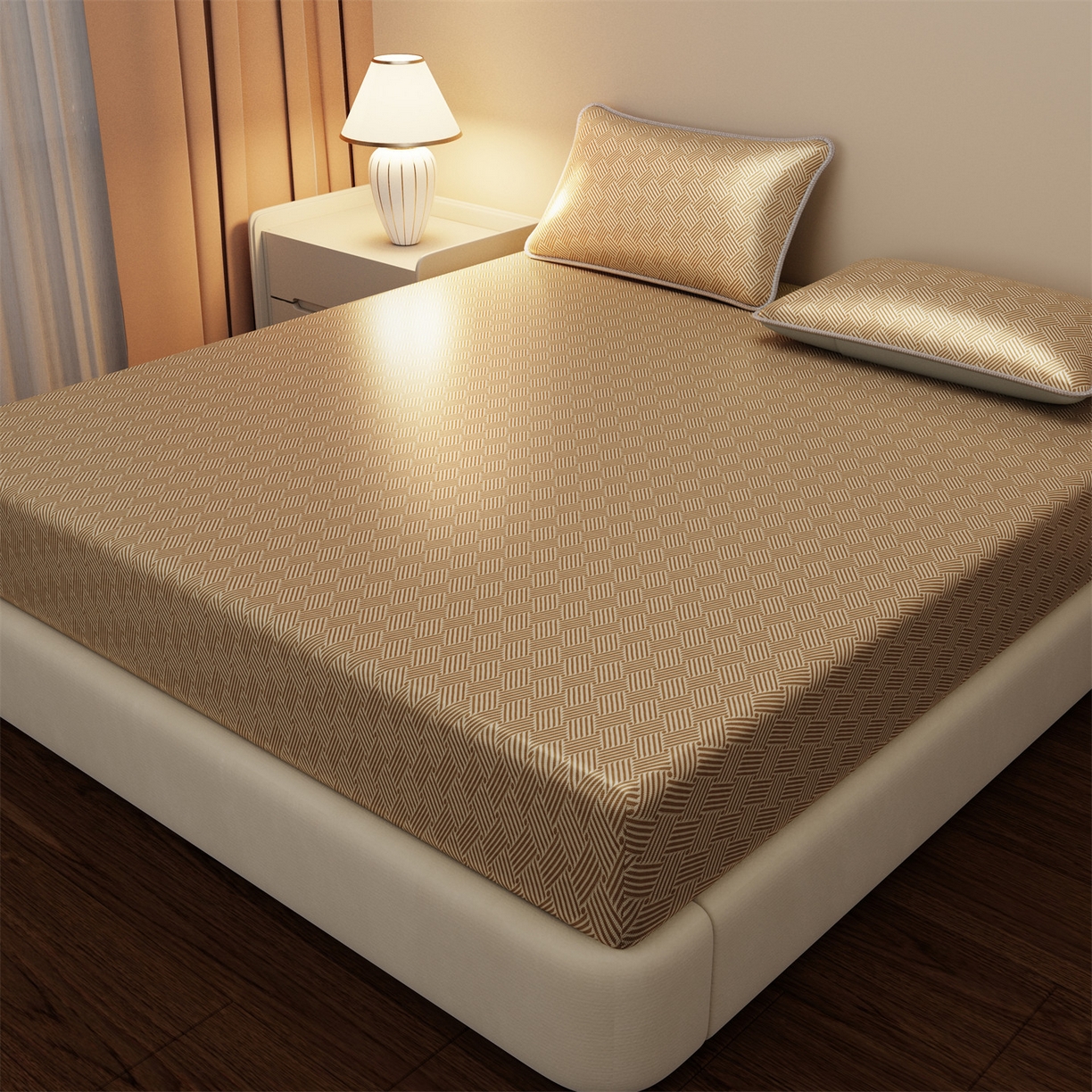 91家纺网 家纺一手货源 找家纺 义博家纺 2026新款碳光冰丝席饼干花床笠款 饼干花  咖色