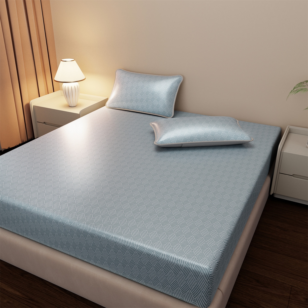 91家纺网 家纺一手货源 找家纺 义博家纺 2026新款碳光冰丝席饼干花床笠款 饼干花  蓝色