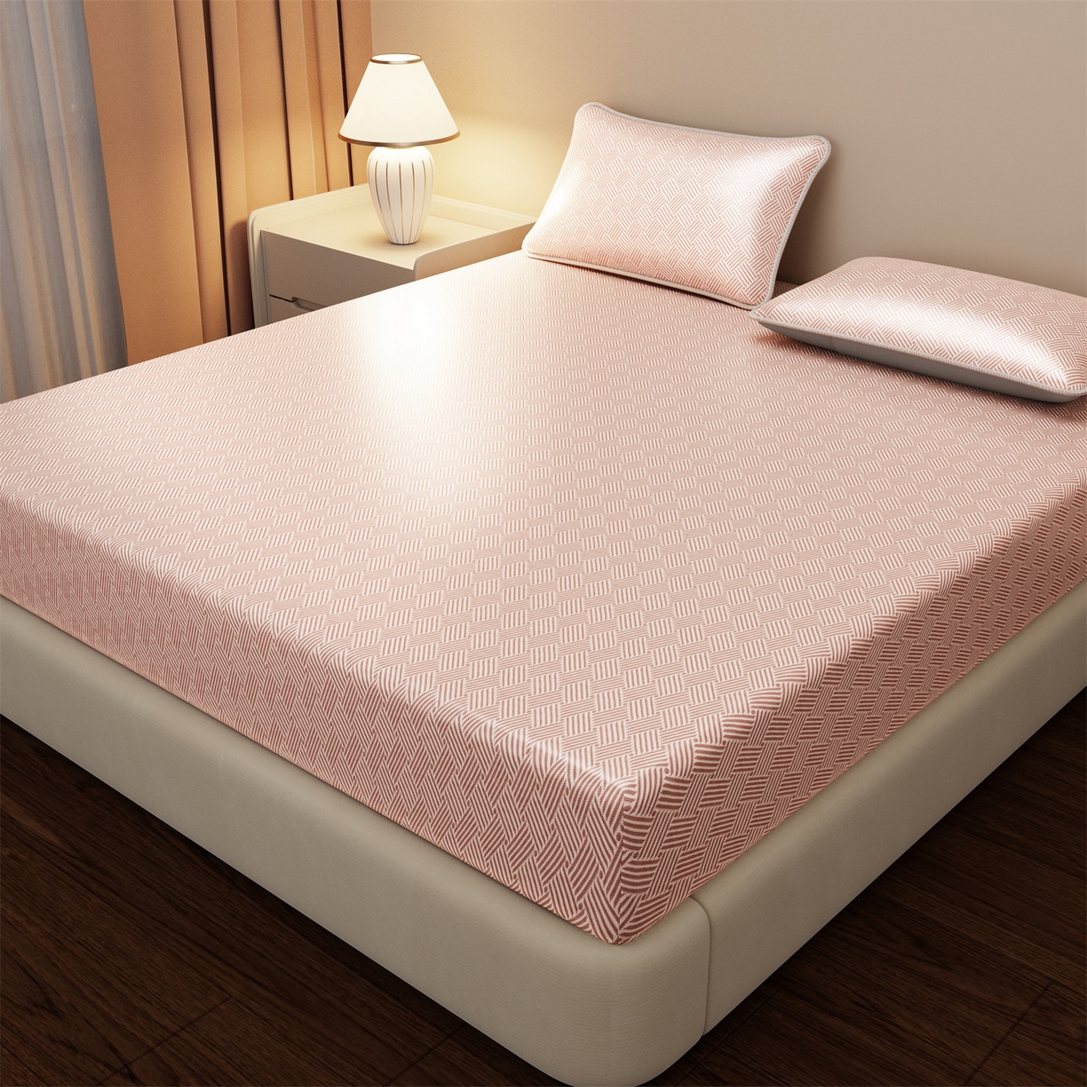 91家纺网 家纺一手货源 找家纺 义博家纺 2026新款碳光冰丝席饼干花床笠款 饼干花  粉色