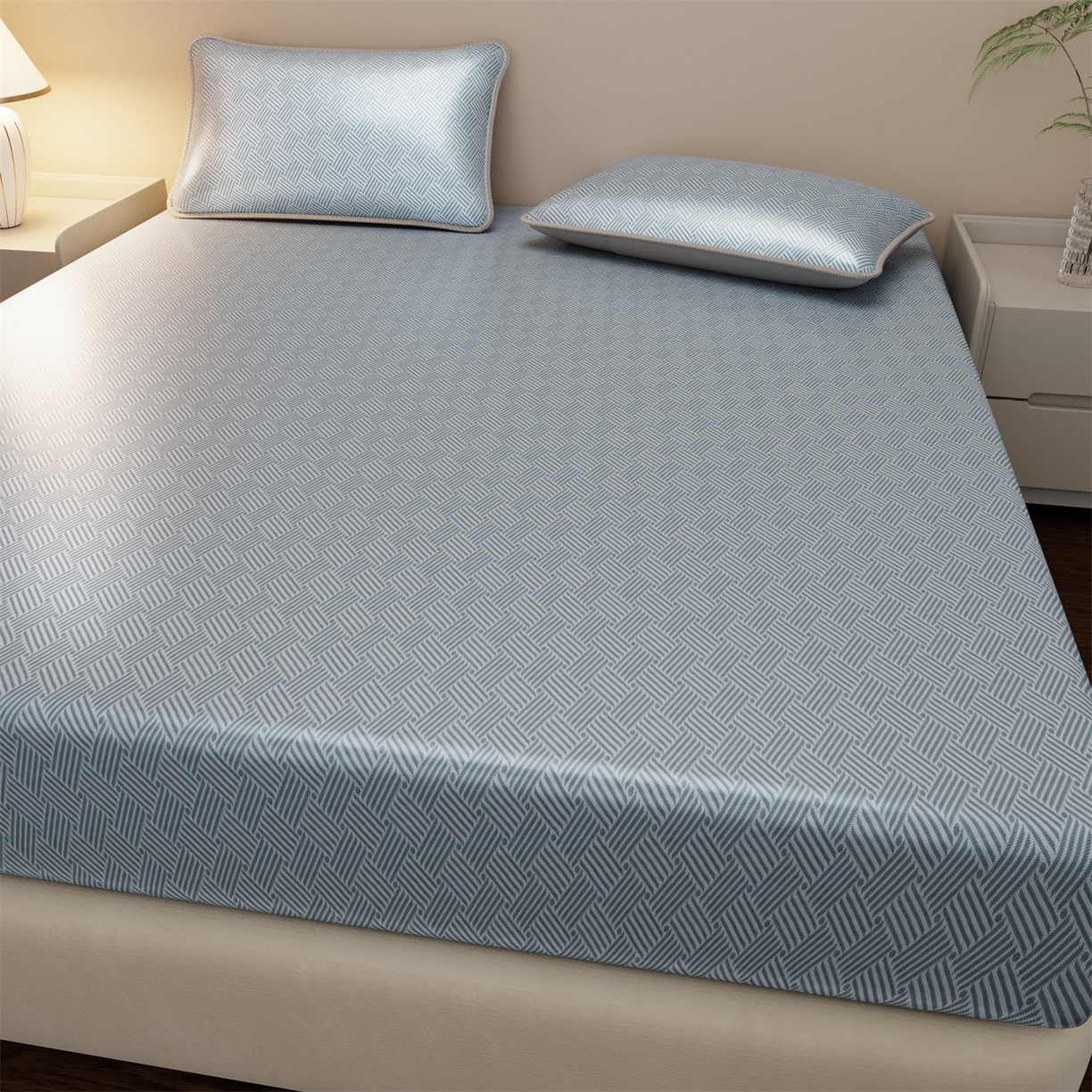 91家纺网 家纺一手货源 找家纺 义博家纺 2026新款碳光冰丝席饼干花床笠款 饼干花  蓝色