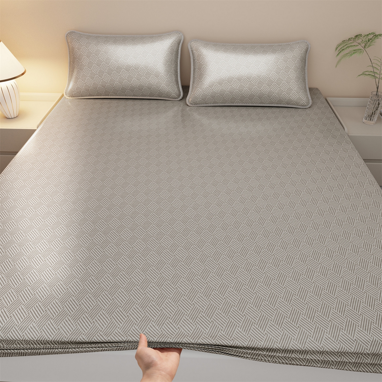 91家纺网 家纺一手货源 找家纺 义博家纺 2026新款碳光冰丝席饼干花床笠款 饼干花  灰色