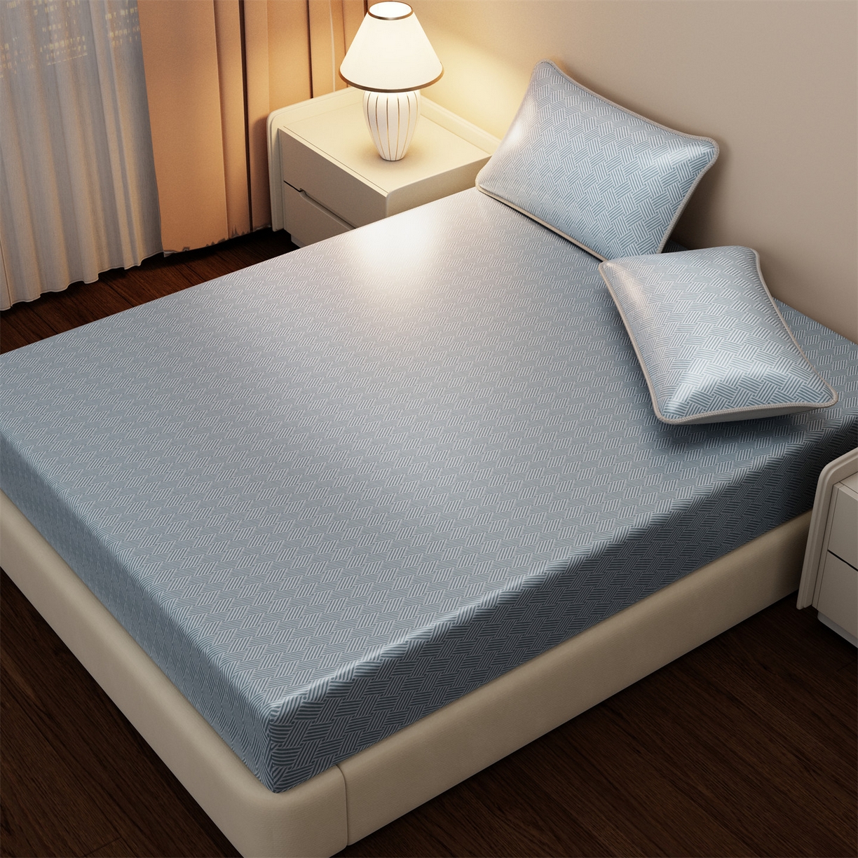 91家纺网 家纺一手货源 找家纺 义博家纺 2026新款碳光冰丝席饼干花床笠款 饼干花  蓝色