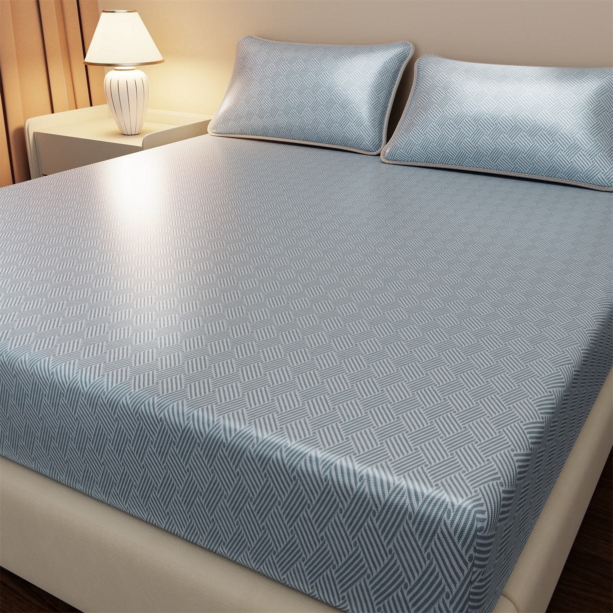 91家纺网 家纺一手货源 找家纺 义博家纺 2026新款碳光冰丝席饼干花床笠款 饼干花  蓝色