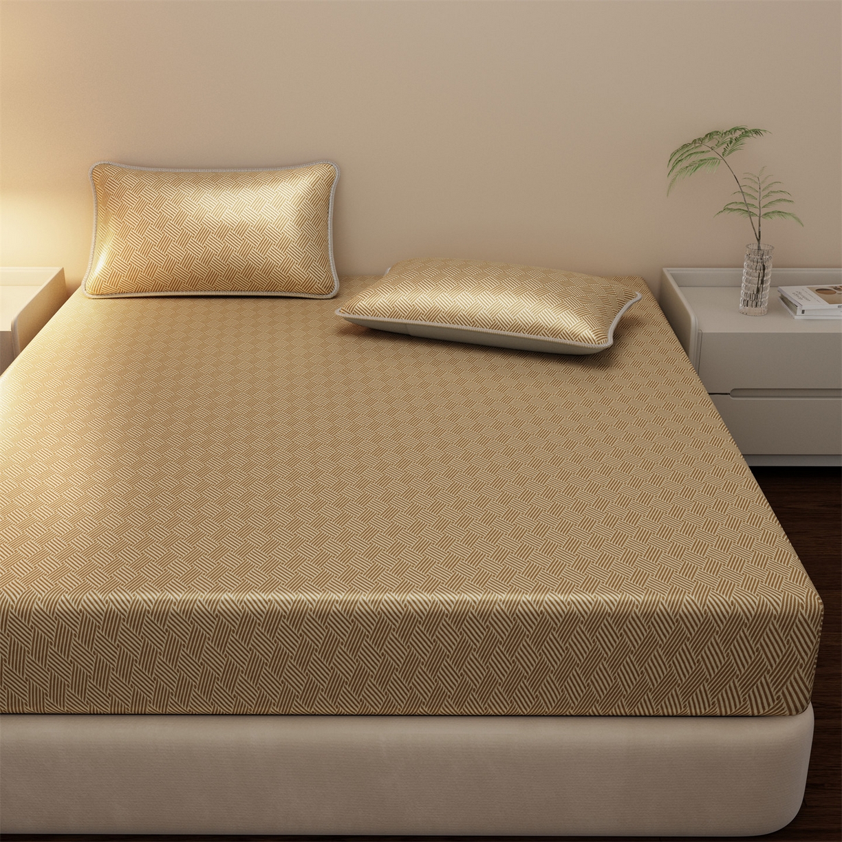 91家纺网 家纺一手货源 找家纺 义博家纺 2026新款碳光冰丝席饼干花床笠款 饼干花  咖色