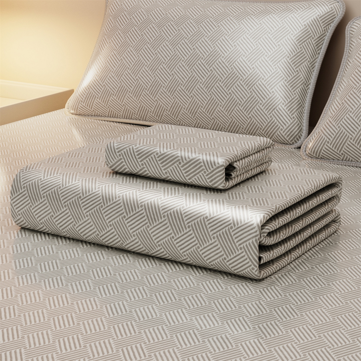 91家纺网 家纺一手货源 找家纺 义博家纺 2026新款碳光冰丝席饼干花床笠款 饼干花  灰色