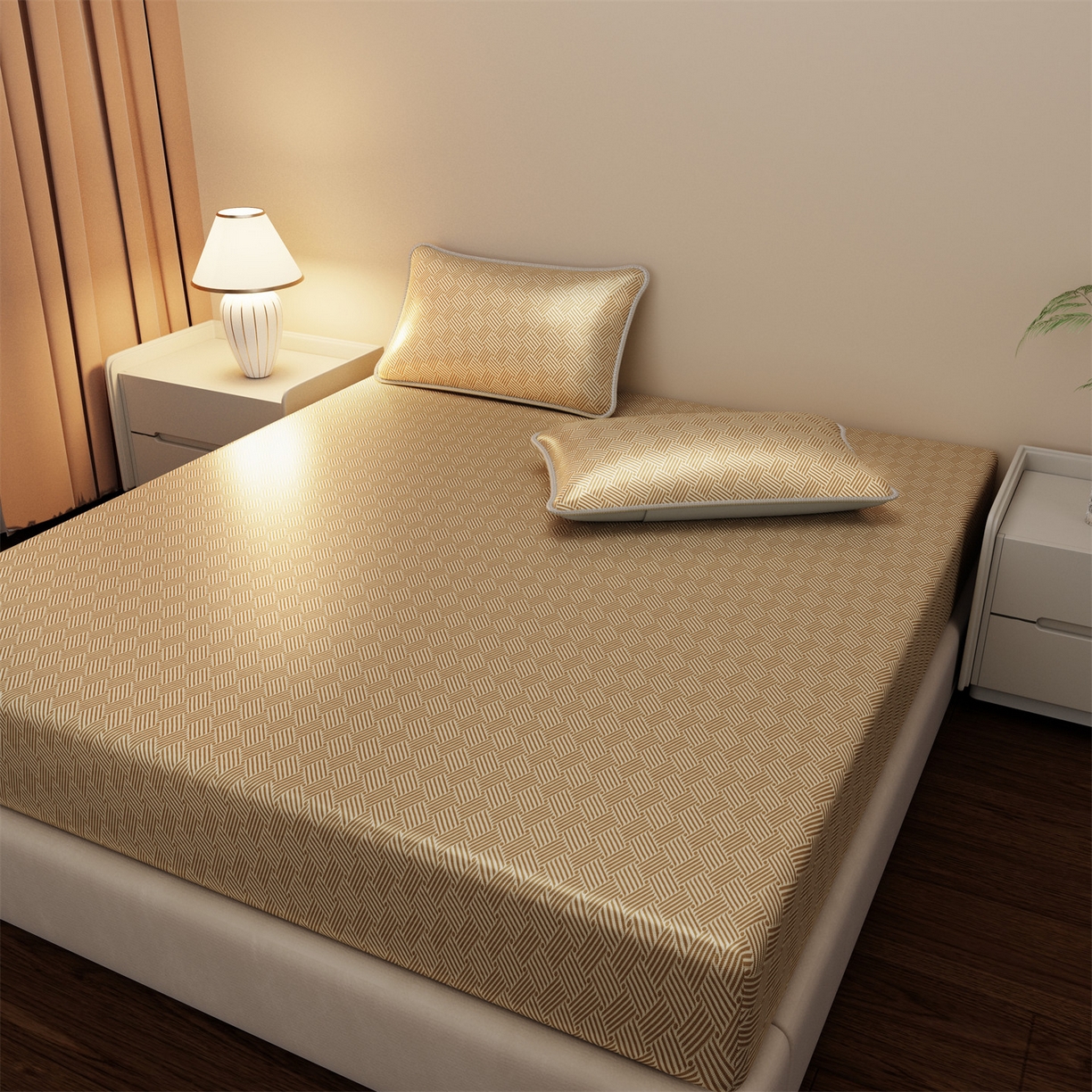 91家纺网 家纺一手货源 找家纺 义博家纺 2026新款碳光冰丝席饼干花床笠款 饼干花  咖色