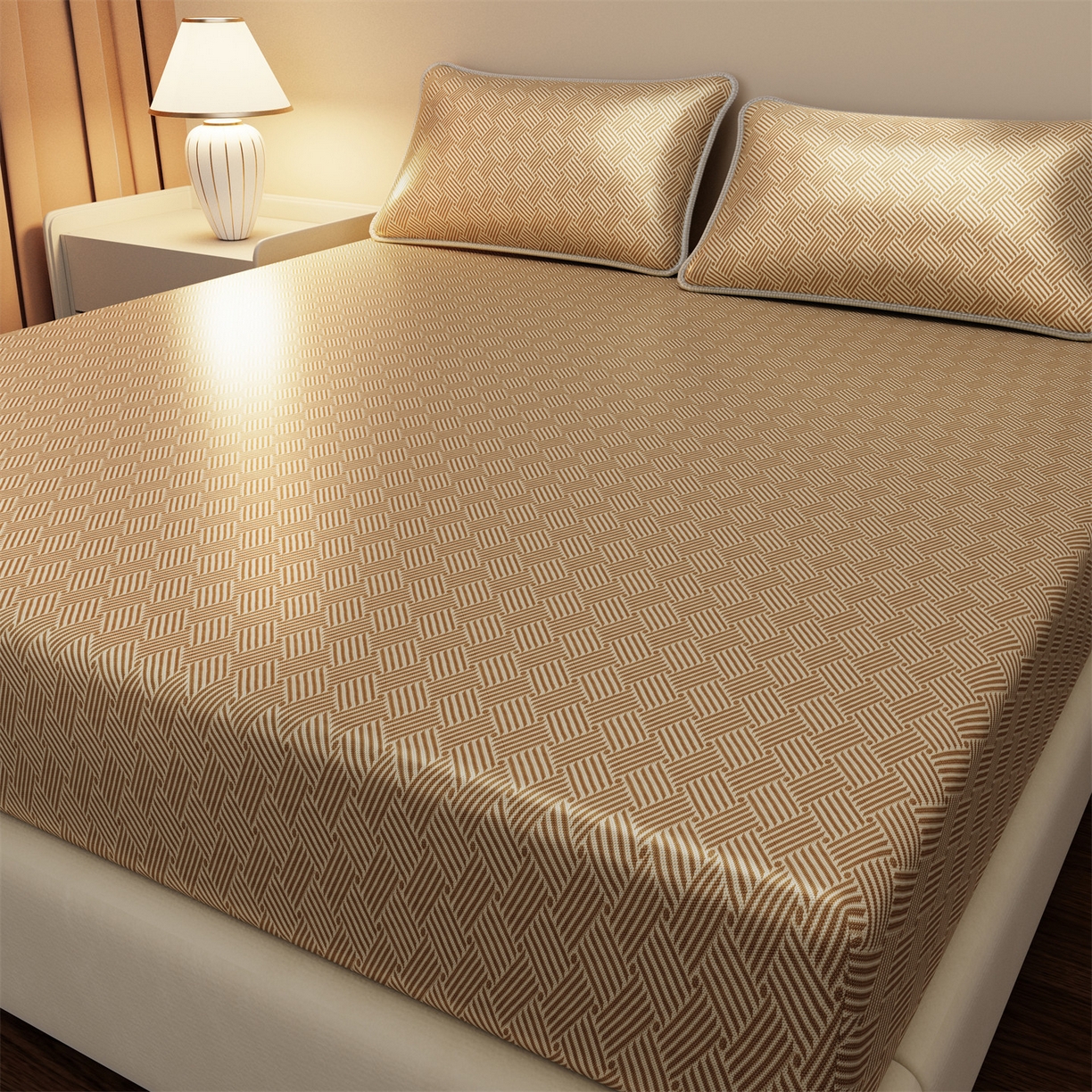 91家纺网 家纺一手货源 找家纺 义博家纺 2026新款碳光冰丝席饼干花床笠款 饼干花  咖色