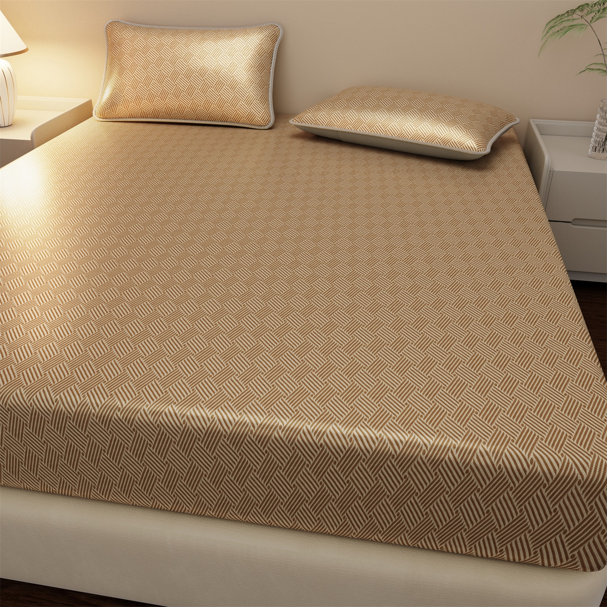 91家纺网 家纺一手货源 找家纺 义博家纺 2026新款碳光冰丝席饼干花床笠款 饼干花  咖色