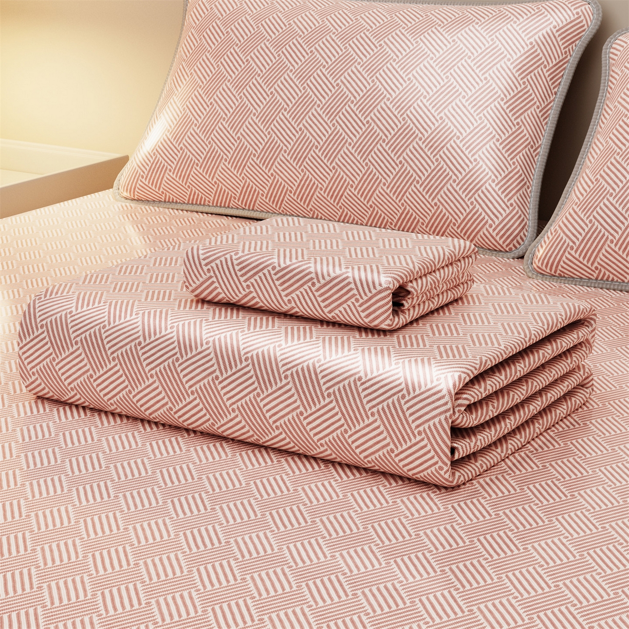 91家纺网 家纺一手货源 找家纺 义博家纺 2026新款碳光冰丝席饼干花床笠款 饼干花  粉色