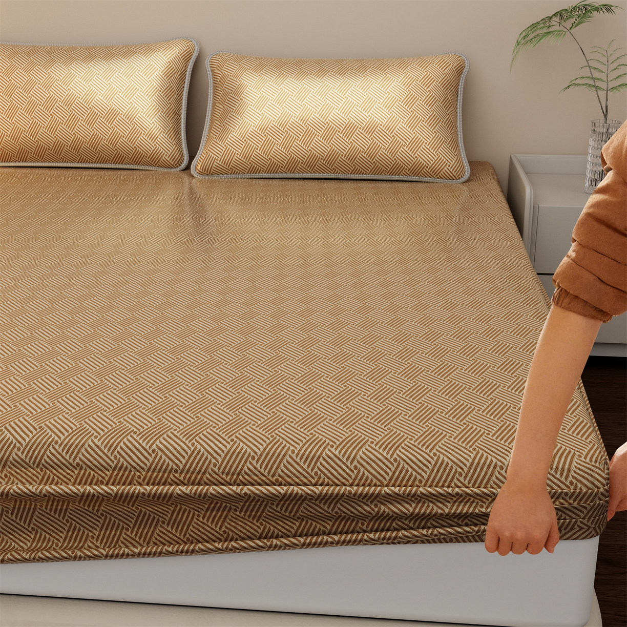 91家纺网 家纺一手货源 找家纺 义博家纺 2026新款碳光冰丝席饼干花床笠款 饼干花  咖色