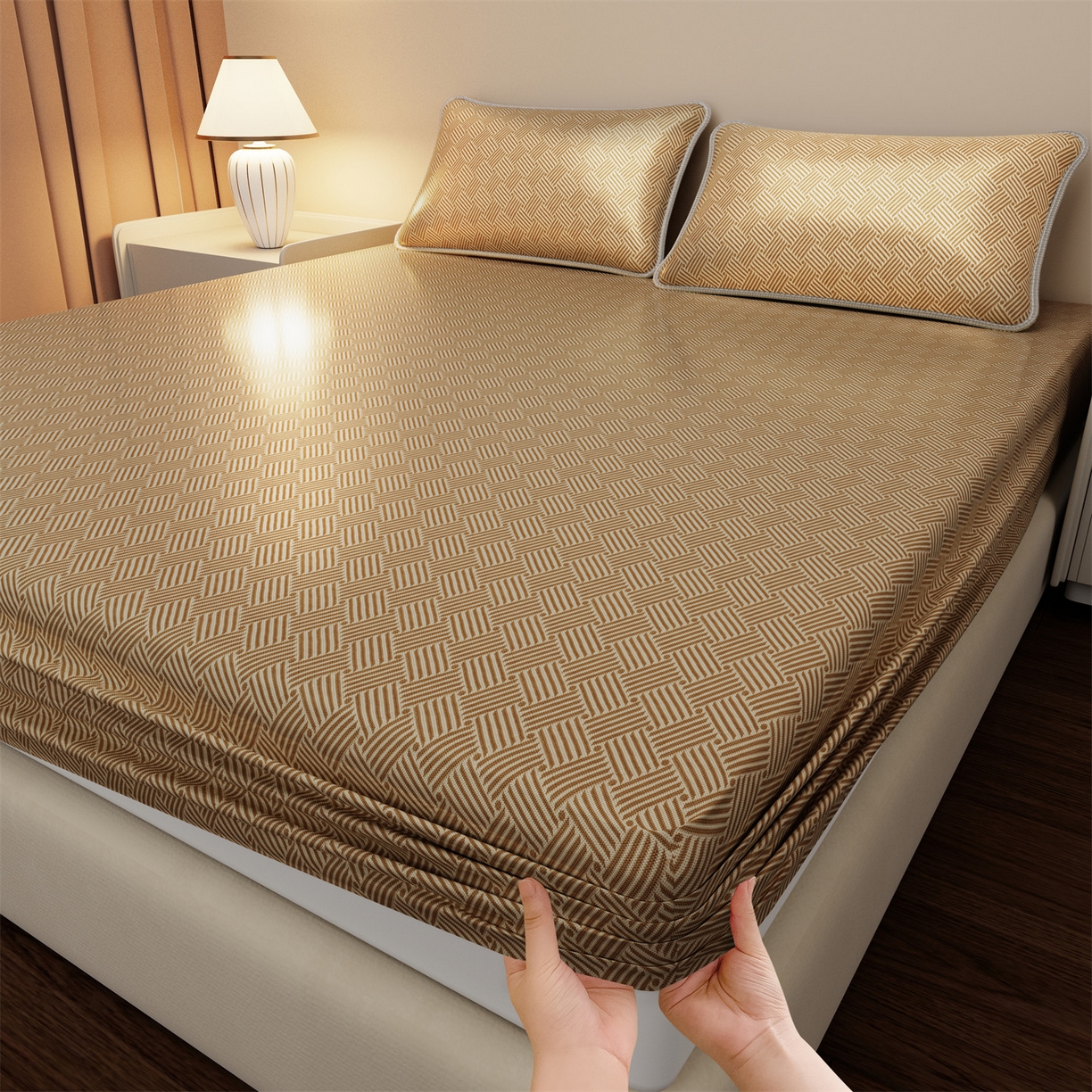 义博家纺 2026新款碳光冰丝席饼干花床笠款 饼干花  咖色