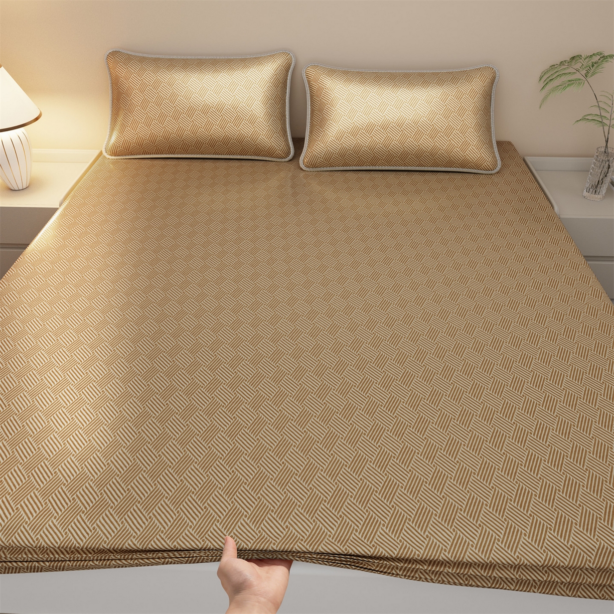 91家纺网 家纺一手货源 找家纺 义博家纺 2026新款碳光冰丝席饼干花床笠款 饼干花  咖色