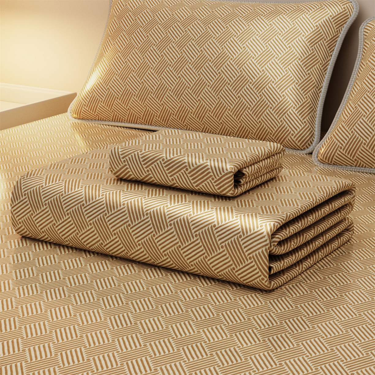 91家纺网 家纺一手货源 找家纺 义博家纺 2026新款碳光冰丝席饼干花床笠款 饼干花  咖色