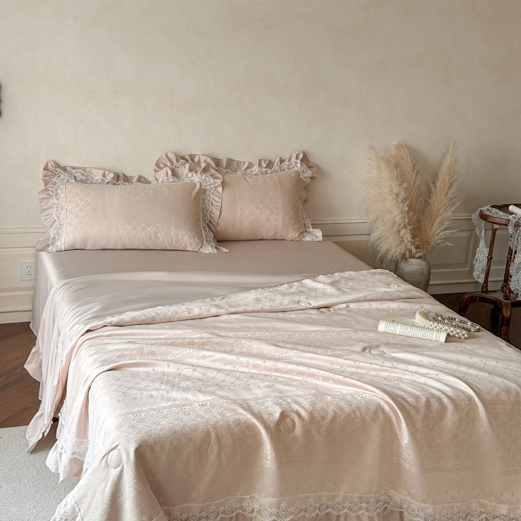 91家纺网 家纺一手货源 找家纺 首尔家纺 2026春夏新款水洗真丝冰丝夏被夏凉被空调被 拾光若梦-香槟