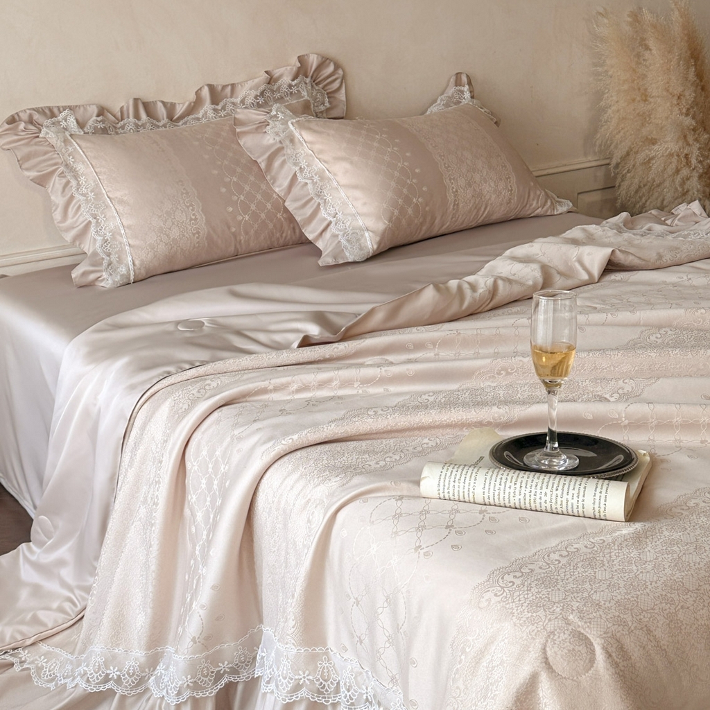 91家纺网 家纺一手货源 找家纺 首尔家纺 2026春夏新款水洗真丝冰丝夏被夏凉被空调被 拾光若梦-香槟