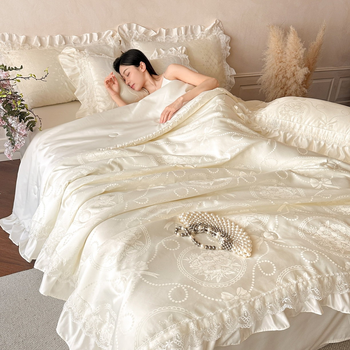 首尔家纺 2026春夏新款水洗真丝冰丝夏被夏凉被空调被 梦境-米白