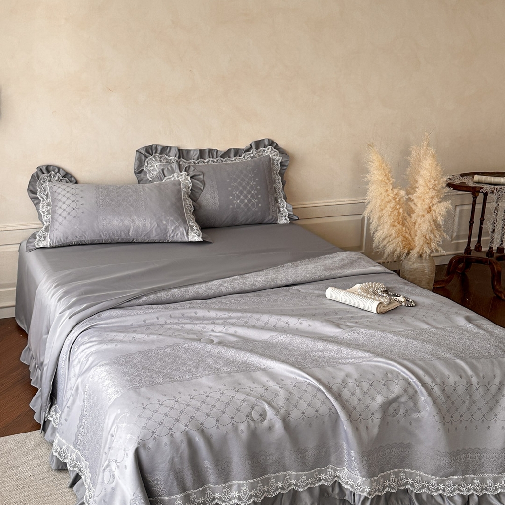 91家纺网 家纺一手货源 找家纺 首尔家纺 2026春夏新款水洗真丝冰丝夏被夏凉被空调被 时光若梦-高级灰