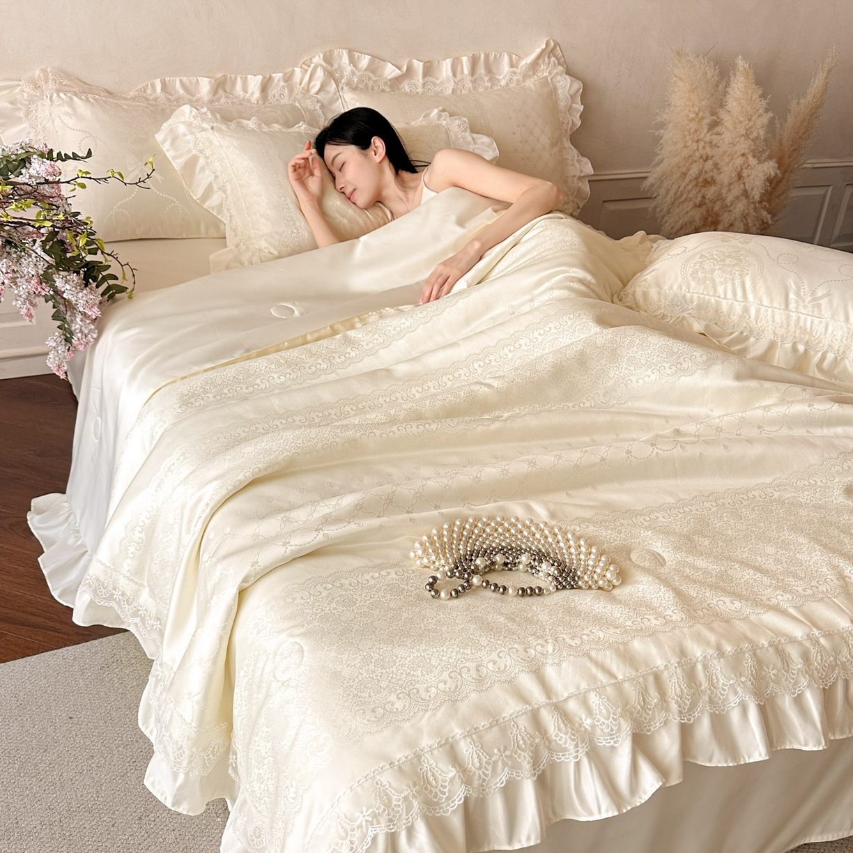 首尔家纺 2026春夏新款水洗真丝冰丝夏被夏凉被空调被 拾光若梦-米白