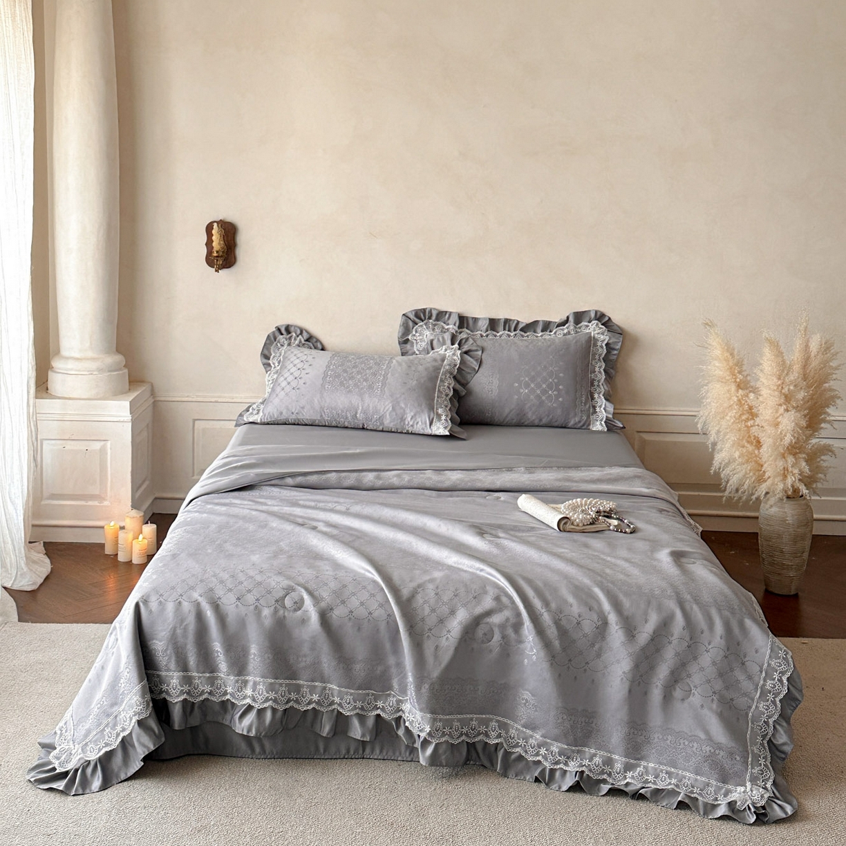 91家纺网 家纺一手货源 找家纺 首尔家纺 2026春夏新款水洗真丝冰丝夏被夏凉被空调被 时光若梦-高级灰