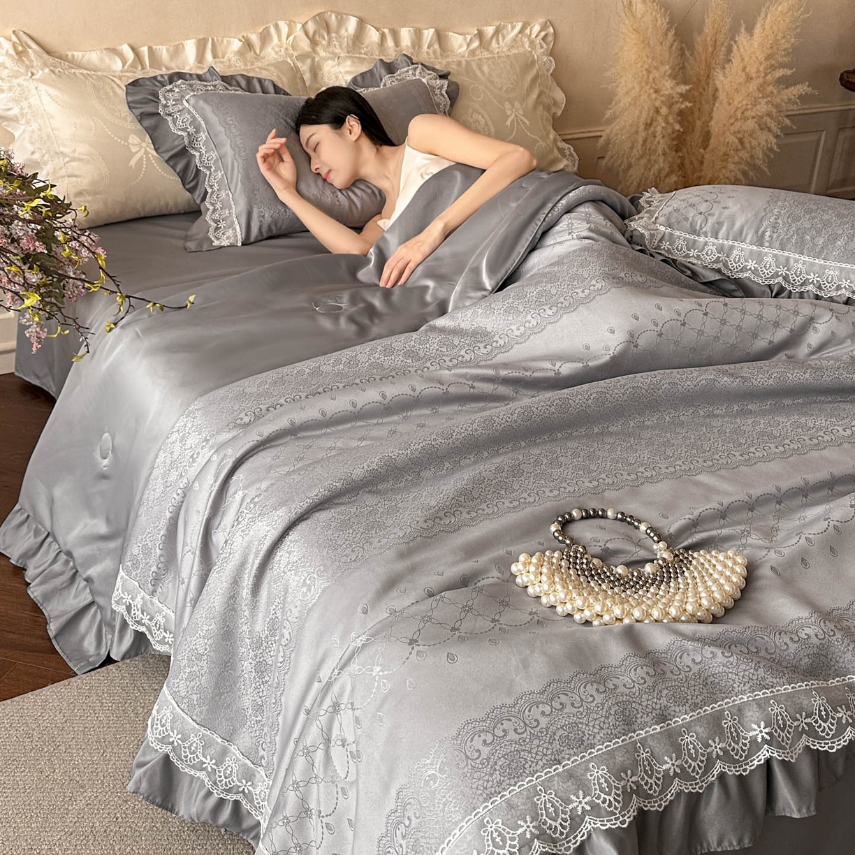 首尔家纺 2026春夏新款水洗真丝冰丝夏被夏凉被空调被 时光若梦-高级灰